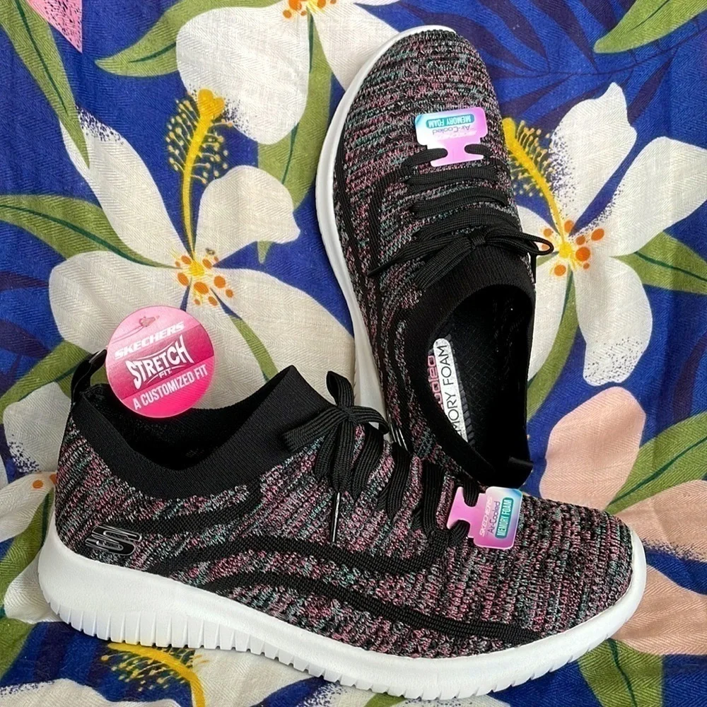 Brand New Skechers Air-Cooled Memory Foam Slip On Black Stretch Sneakers